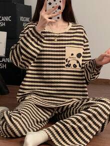 2件套女士条纹长袖睡衣，韩版前口袋长裤家居服，春夏款 - 杏色 - 查看 8