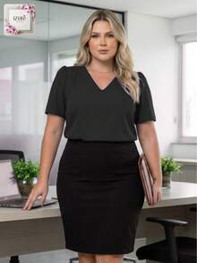 Women's Plus Size Elegant Short-Sleeve Modern Blouse In Duna Fabric, Sizes GG, G1, G2, G3, Summer/Work - màu đen - Xem 8