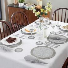 Handcrafted Glass Beaded Round Placemats, Coasters & Napkin Rings Set Of 18 - Handmade Table Place Mats For Dining - 32 Cm (13") Diameter (Silver) - Antique Silver and White - View 3
