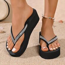 女士水钻绑带人字拖，厚底，耐磨，适合海滩度假，休闲吸睛，夏季新品 - 黑色 - 查看 11