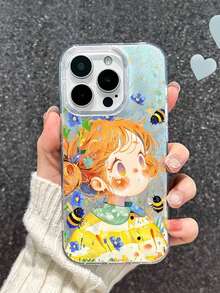 1个银色羽毛薄纱可爱卡通蜜蜂女孩手机壳，带3D金属支架，兼容 11/12/13/14/15/16/17/Pro Max - 銀色 - 查看 4