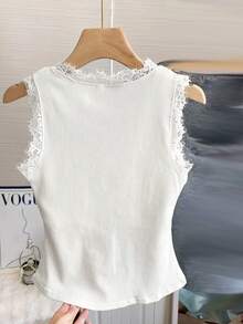 蕾丝拼接磨毛修身吊带背心 - 白色 - 查看 5