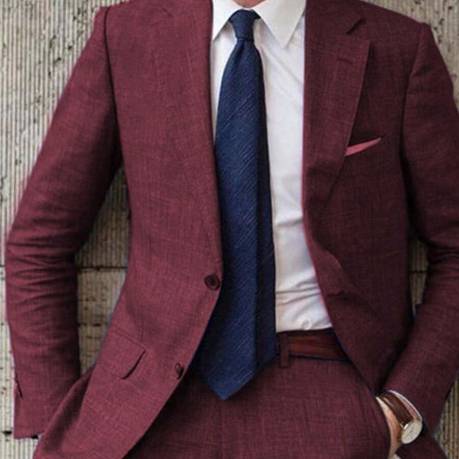 Men's 2pcs Linen Suit Summer Wedding Formal Party Events Tuxedo Suit Elegant Casual Working Business Suit 34S 36S 38S 40R 42R 44R 12.15gal - 紅色 - 查看 1