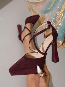 女士优雅性感时尚漆皮厚底方头交叉绑带粗跟派对假日百搭超高跟鞋 - 酒紅色 - 查看 1