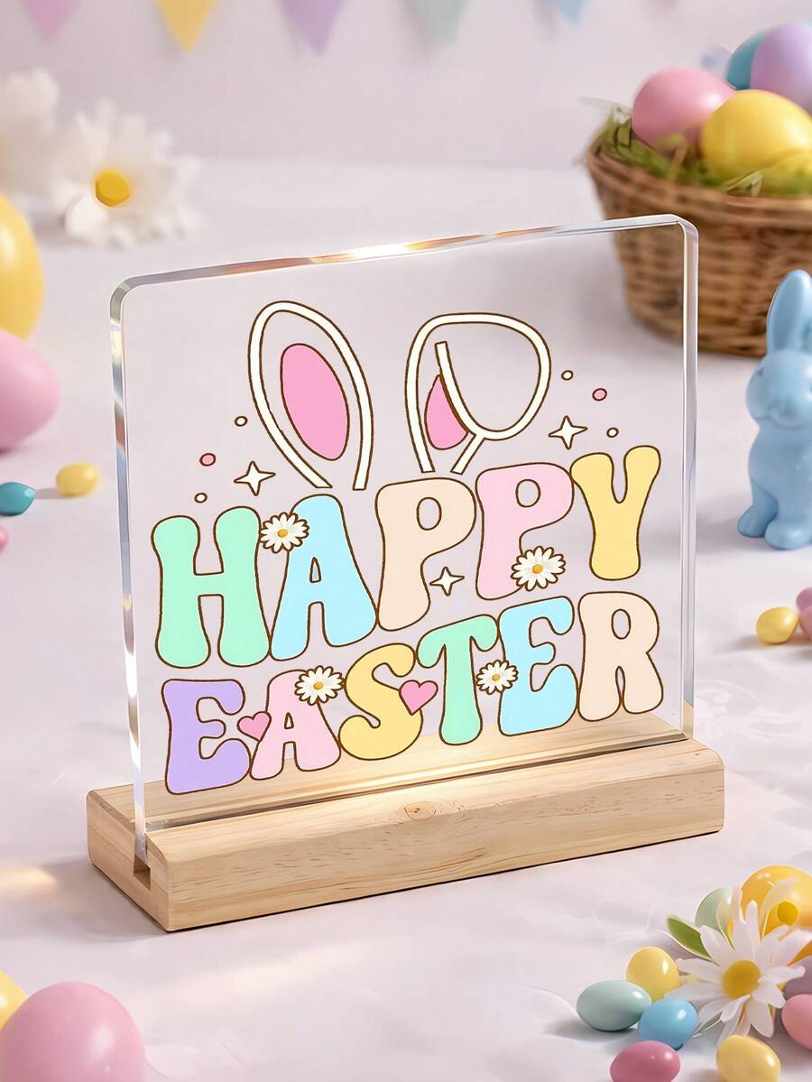 1pc Easter Acrylic Table Decor Sign, Cute Bunny & Egg Cartoon Design, Colorful Spring Holiday Ornament, Desk & Shelf Home Decor, Living Room Bedroom Display, Festival Decoration Gift For Women Teachers Classroom Office Room Decor Office Desk Desk Office Supplies Office Decor - Multicolor - View 1