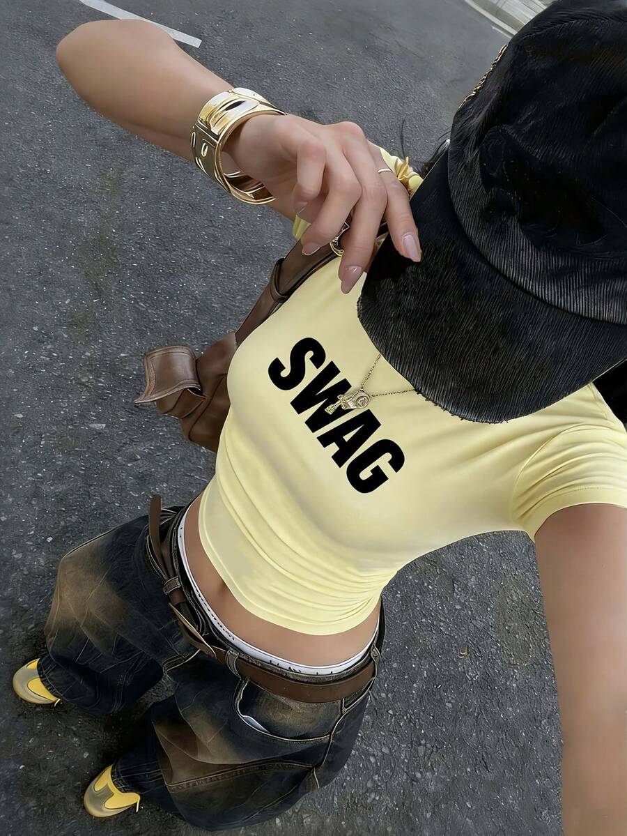 Women's Round Neck Short Sleeve T-Shirt American Hot Girl, Summer New Letter Print, Fashion Slim Fit Cropped Top - Yellow - View 1
