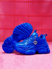 皇家蓝甜美休闲运动鞋，女士大码鞋款，轻盈EVA材质，7厘米厚底厚底运动鞋，Y2K风格金色破碎心形吊坠 - 藍色 - 查看 5