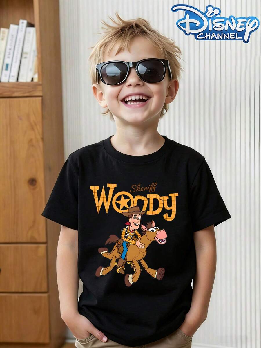 Disney Toy Story - Sheriff Woody Cowboy Pattern Crew Neck Summer T-Shirt, Suitable For Boys And Girls For Holiday Parties, Dinners, Outdoor Activities, Travel, And As A Gift For Children Visiting Disneyland. - 黑色 - 查看 1