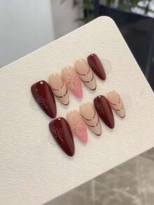 10片纯手工制作的按压式美甲片，长款杏仁形美甲，红色美甲，温柔优雅的裸色美甲片，酒红色渐变法式甲尖，饰有3D立体花卉图案和金色线条细节，简约、优雅、浪漫，适合女性和女孩，春夏秋冬节日派对及日常生活使用。 - 酒紅色 - 查看 2