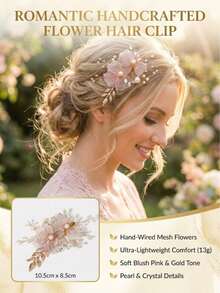 1pc Handmade Pink Flower & Golden Leaf Hair Clip, Pearl Decor Bridal Hair Accessory Suitable For Wedding And Party - Gold - View 4