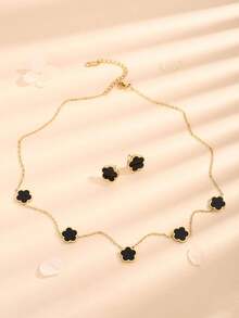 3pcs Fashionable Versatile Stainless Steel Plant Black Jade Five-Petal Flower Earrings, Bracelet, Necklace Jewelry Set - Gold + Black - View 2