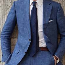 Men's 2pcs Linen Suit Summer Wedding Formal Party Events Tuxedo Suit Elegant Casual Working Business Suit 34S 36S 38S 40R 42R 44R 12.15gal - 藍色 - 查看 1