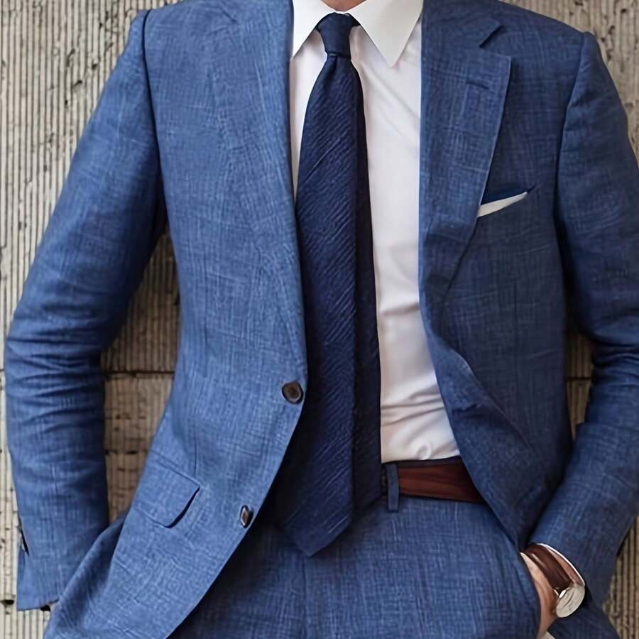 Men's 2pcs Linen Suit Summer Wedding Formal Party Events Tuxedo Suit Elegant Casual Working Business Suit 34S 36S 38S 40R 42R 44R 12.15gal - 藍色 - 查看 1