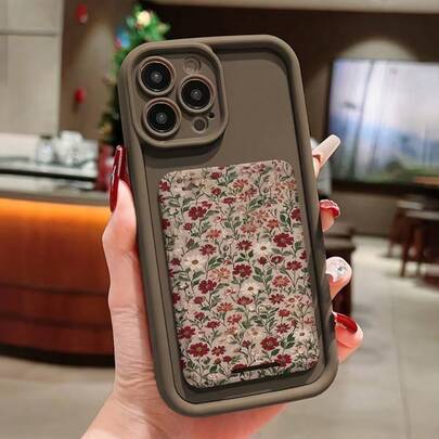 Vintage Floral Painted Pattern Card Holder Shockproof Phone Case Compatible With IPhone 11, 12, 13, 14, 12 Pro Max, 13 Pro Max, 15, 15 Pro, 15 Plus, 15 Pro Max, 16, 16 Pro, 16 Plus, 16 Pro Max, 17, 17 Pro Max