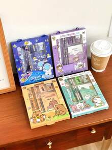 1盒/6件套卡通可爱文具套装，精致铅笔套装，趣味设计，包括铅笔、尺子、橡皮、卷笔刀、笔记本；非常适合作为课堂奖励、返校用品和节日礼物。 - 彩色 - 查看 3