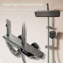 12-Inch Rain Shower Head & Handheld Shower Combo Set With Digital Temperature Display, Wall-Mounted Rainfall Shower System With Piano Keys - Light Grey - View 12