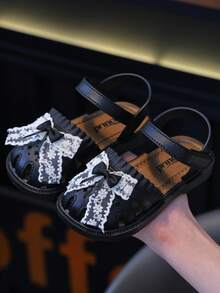可爱水钻蝴蝶结露趾女童凉鞋，透气沙滩度假鞋 - 黑色 - 查看 2