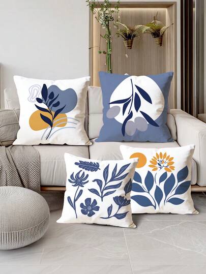 4 件套波西米亚风抱枕套，现代简约花卉叶子图案印花柔软绒面抱枕套，拉链封口 - 非常适合家居和圣诞装饰抱枕、装饰抱枕、短款农舍风格抱枕、房间装饰、卧室装饰、节日装饰、派对装饰 - （无刺绣），不含枕芯 - 多种尺寸