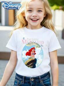 This Disney  Ariel Princess-Themed Summer T-Shirt Is Perfect For Boys And Girls To Wear To Holiday Parties, Family Gatherings, Outdoor Activities, And Trips, And Makes A Great Gift For Children Visiting Disneyland. - Blanc - Voir 1