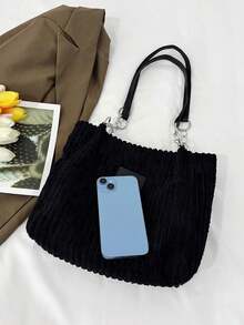 时尚条纹手提包 - 女士大容量单肩包 - 拉链托特包，日常使用 - 金属链条肩带托特包 - 黑色 - 查看 9