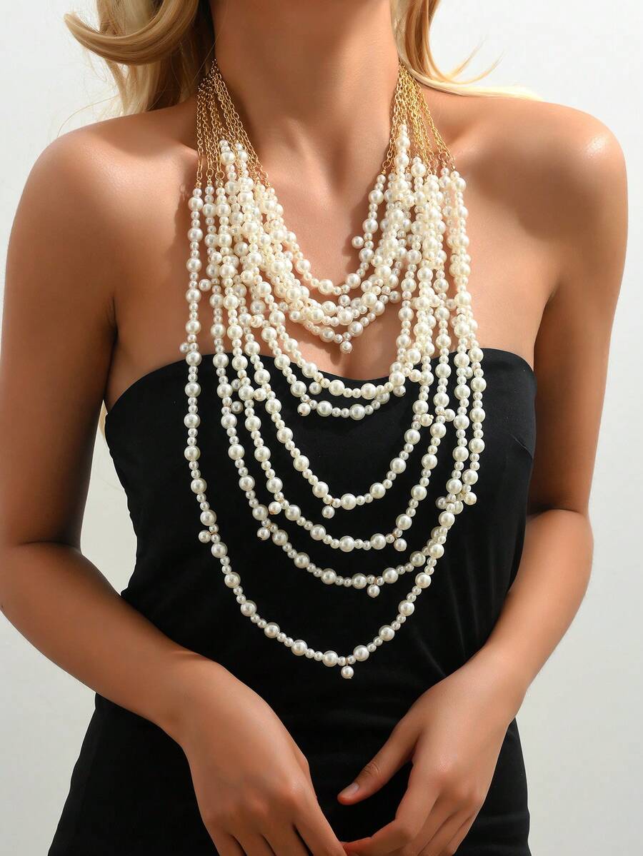 1 chiếc vòng cổ ngọc trai nhiều lớp kiểu cổ điển, phong cách Âu Mỹ, dây chuyền dài thời trang để đeo cùng áo len, phụ kiện đa năng cho mùa xuân/hè.
