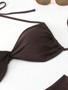 Bộ bikini nữ màu nâu đậm trơn, gợi cảm, có dây buộc phía sau, thích hợp cho kỳ nghỉ biển. - màu nâu - Xem 3