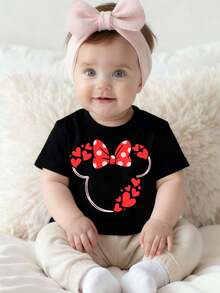 Disney Black Background Minnie Mouse Head Outline Red Polka Dot Bow Heart Print Baby Short Sleeve T-Shirt - Sweet And  Adorable Top - Black - View 1
