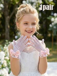 1 Pair Children's Elastic Mesh Gloves With Silk Bow, Suitable For 4-12 Years Old, White - 1Pair - View 2