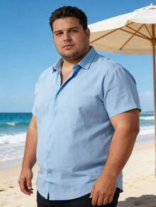 Plus Size Men's Short Sleeve Shirt, Classic Outdoor Hidden Button Design, Casual Solid Color Lapel Shirt, Outdoor Fashion Shirt Top - Baby Blue - View 3