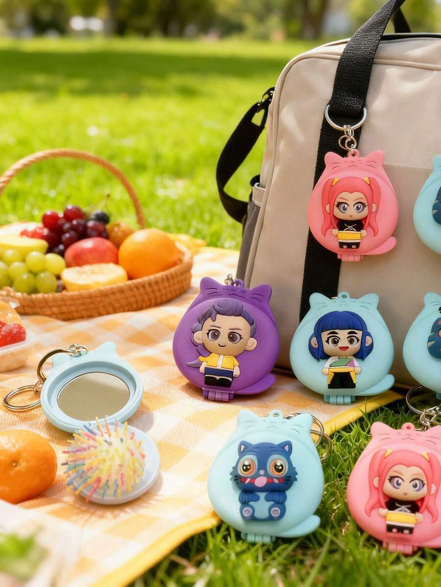 Mattel KPOP 女团宠物老虎可折叠化妆镜钥匙扣，KPOP 主题造型梳可折叠便携手持镜，适合旅行 - 彩色 - 查看 1