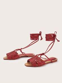 Sandal đế bằng màu đỏ thủ công dệt, quai buộc xoắn dành cho nữ, họa tiết dệt ngẫu nhiên, thiết kế xoắn ngẫu nhiên - Đỏ - Xem 3