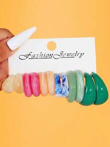 Set de 6 piezas/12 piezas/18 piezas de aretes de forma de C de resina acrílica y acetato, joyería de moda - Multicolor - Ver 4