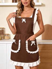 成人公主风无袖围裙 - 可爱荷叶边下摆和可调节腰带，透气舒适，适合烹饪、美甲、工作穿着，宽松H型，可机洗，四季皆宜，棕色围裙，餐厅围裙 | 公主风围裙 | 围兜式围裙