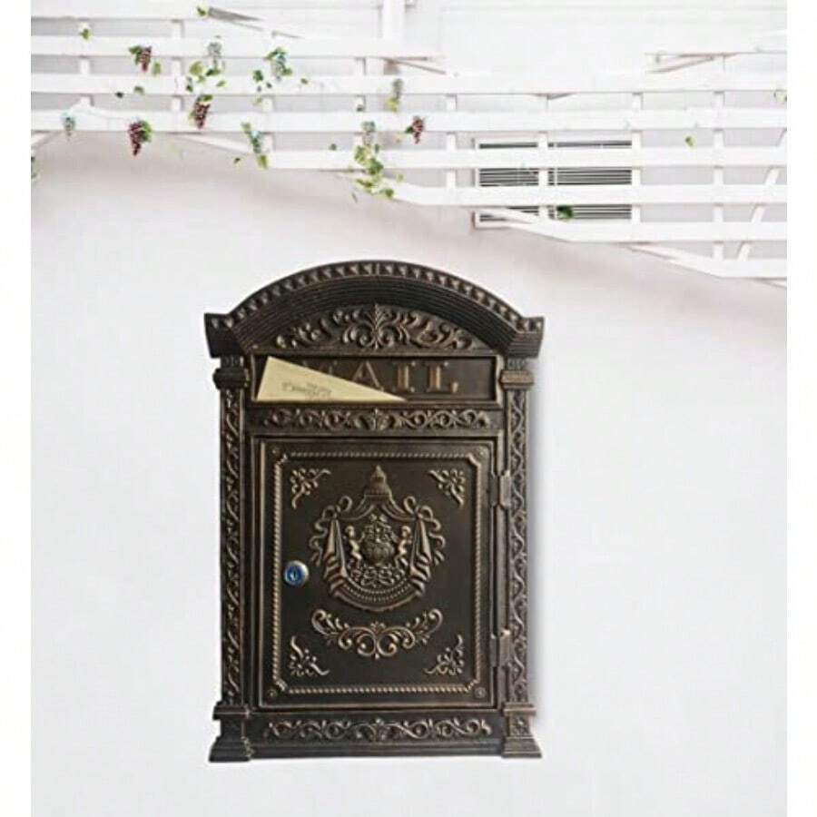 Decorative Lock Mailbox Outdoor - Metal Wall-Mounted Mailbox - Vintage Cast Iron Locking Mailbox - BlackGold - View 1