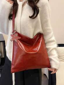 女士托特包，简约风格，百搭通勤单肩包，休闲舒适，大容量水桶包 - 紅色 - 查看 3