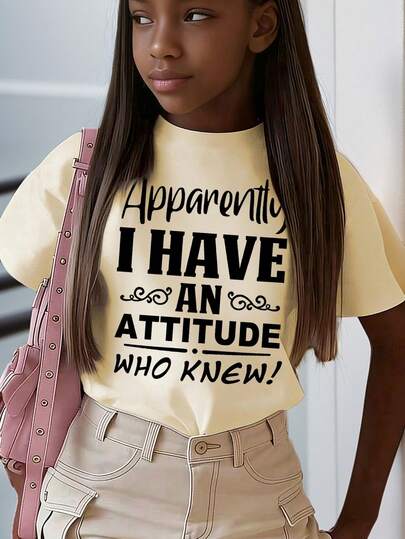Tween Girls' Slogan Print Round Neck Loose Casual Short Sleeve T-Shirt