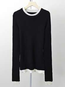Contrast Color Round Neck 2 In 1 Knit Sweater, Slim Fit Layering Top For Women, Spring - Black - View 2