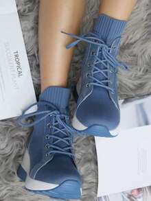 Women's Platform Lace-Up Thick Sole Sneakers - Blue - View 4