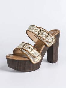 女士夏季高跟凉鞋，防水厚底性感户外拖鞋，露趾厚底拖鞋 - 米色 - 查看 11