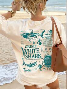 Summer Women Casual Loose Shark & Dolphin Letter Print Round Neck Camisole, Versatile Beach Vacation Style Top, Suitable For Summer Holiday - Apricot - View 5