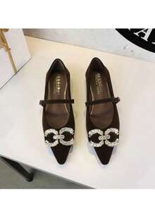 Giày nữ đế xuồng quai cài kiểu cổ điển, giày slip-on mũi nhọn đính đá và khóa cài. - Màu nâu - Xem 3