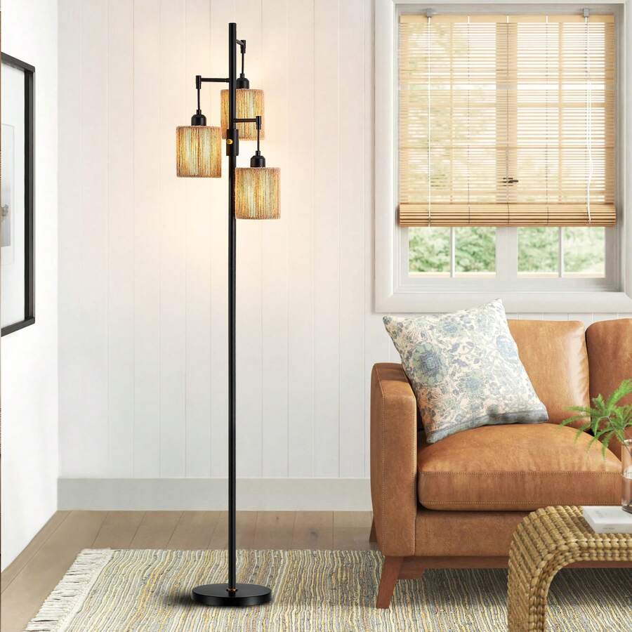 Mazkhytus 65" Rattan Tree Floor Lamp Rustic Retro Style Wrought Iron Birdcage Three-Head Floor Lamp, Adjustable For Living Room And Bedroom. - Black - View 1