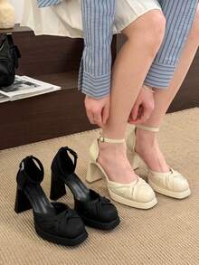 华丽蝴蝶结装饰防水厚底镂空高跟鞋，优雅女士风格 - 黑色 - 查看 6