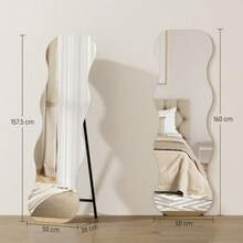 Frameless Full-Length Mirror, Wooden Base, Flexible Positioning, Wavy Shape, Black - Black - View 9