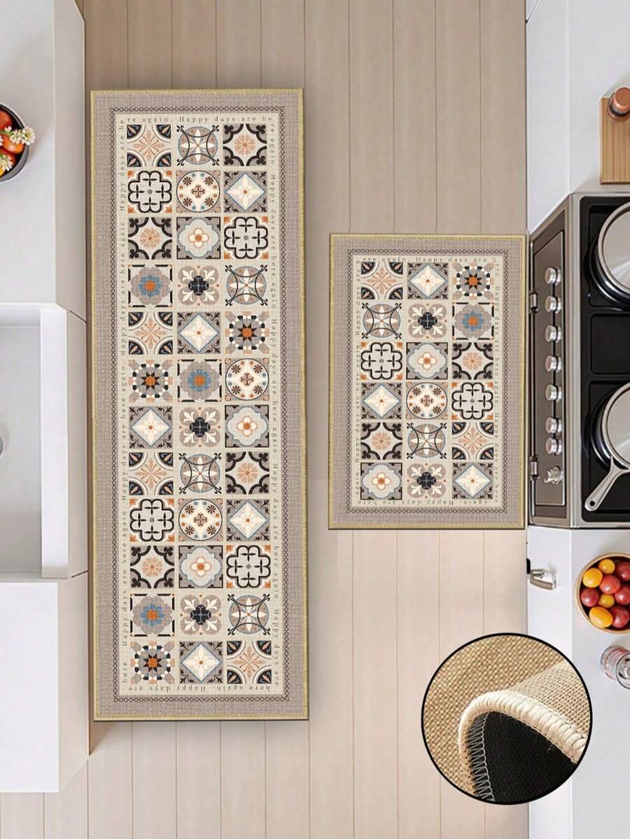 3.5mm Thick Vintage Tile Pattern Kitchen Mat, Soft Rubber Linen Material, Absorbent And Easy To Clean Floor Rug, Suitable For Kitchen, Bathroom, Laundry Room, Entryway And More - Multicolor - View 1