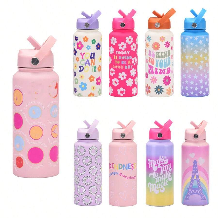 Owal-A 保温不锈钢水瓶 - 32 盎司防漏运动水瓶，配备双功能吸嘴、翻盖吸管和宽口设计 - 可保温 24 小时 - 非常适合健身、旅行和日常使用 - 彩色 - 查看 1