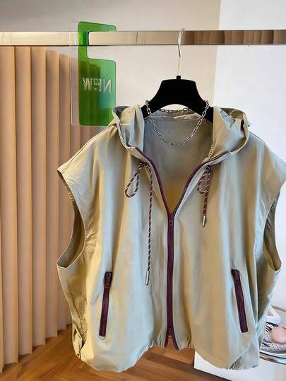 Women's Sleeveless Vest Jacket, Fashionable Color Block Zipper Hoodie Design, Lightweight Versatile Comfortable Casual Loose Fit, Suitable For Spring & Summer Outfits