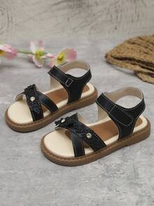 1双女童黑色PU皮鞋，饰有水钻花朵，圆头设计，防滑软底，休闲公主风凉鞋，适合3-15岁儿童，日常穿着、生日、旅行、上学等场合，2026春夏款 - 黑色 - 查看 7