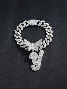 2pcs Women's Silver Necklace Set - A-Z Rhinestone Butterfly Letter Pendant Necklace & Bracelet, Diamond-Shaped Cuban Chain, Cursive Letter Jewelry - Fashion Ice Crystal Butterfly - View 12