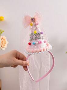 1pc Girls' Party Birthday Hat, Colorful Cake Hat With Letter, Tulle Bow, Candy Birthday Hair Accessory, Suitable For Birthday Party - Multicolor - View 5